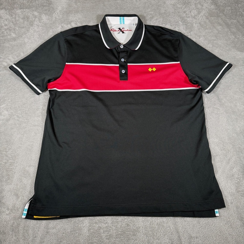 Robert Graham Polo Shirt Mens XL Black Red‎ Colorblock Stretch Tailored Fit Golf